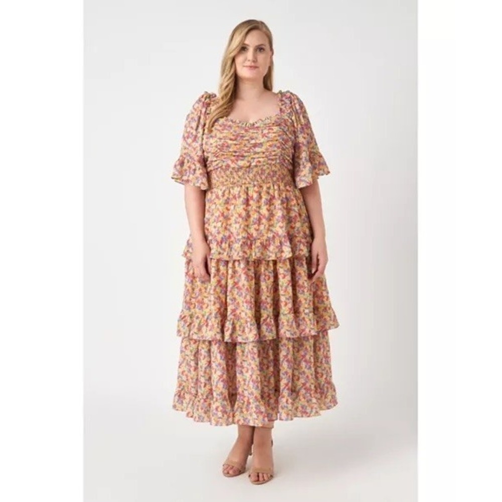 English Factory Plus Size 1X Floral Smocked Ruffle Tiered Maxi Dress Burgundy